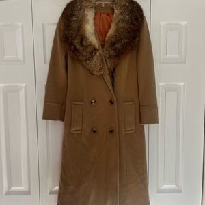 Vintage Women's Double-Breasted Fur Collar Long Coat - Camel color. Fur rabbit